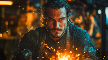 Blacksmith focused on crafting sparks in a workshop  