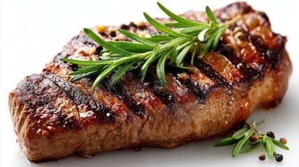 a close-up of a beautifully cooked steak with grill marks and a sprig of rosemary on a white isolated background, savory and delicious design