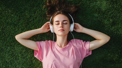 Young caucasian female relaxing on grass with headphones