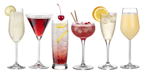 seven colorful cocktails in different glasses on transparent background
