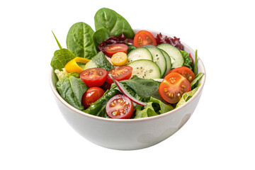 Salad bowl with spinach, cherry tomatoes, lettuce, cucumber and many more vegetables isolated on white background.