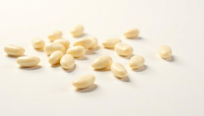 Scattered white beans on pure white background, healthy eating, overhead, organic