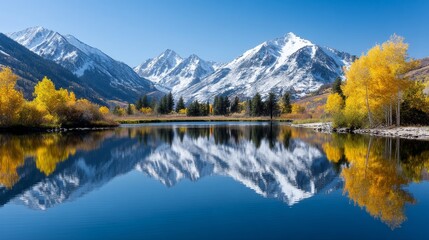 Fototapeta premium Autumn Majesty: Mountain Lake Reflection - Serene autumn scene. Snow-capped mountains reflect in a tranquil lake, surrounded by vibrant golden aspen trees. Symbolizes peace, tranquility
