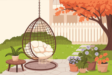 Cozy backyard with hanging chair and plants in pots House patio with fence, furniture, green grass and tree flat Vector illustration