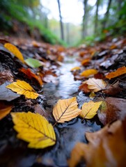 Autumn Streambed Leaves - Tranquil autumn scene, stream, fallen leaves, nature's beauty, seasonal change. Symbolizing serenity, transition, beauty, nature's cycle, and autumn