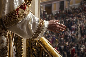 White priest waving from the balcony of a European church, conveying a sense of warmth, tradition, and spiritual connection