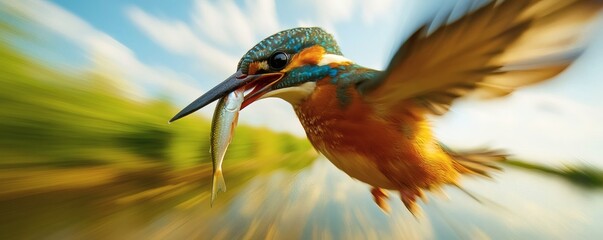 Kingfisher in flight, capturing prey in mid-air.