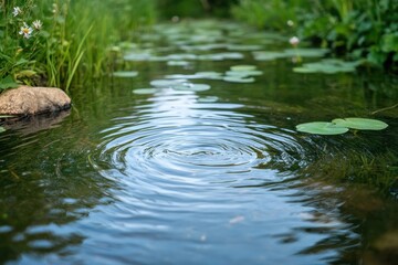 Fototapeta premium Water ripples create a tranquil atmosphere in a serene stream surrounded by lush greenery and lily pads