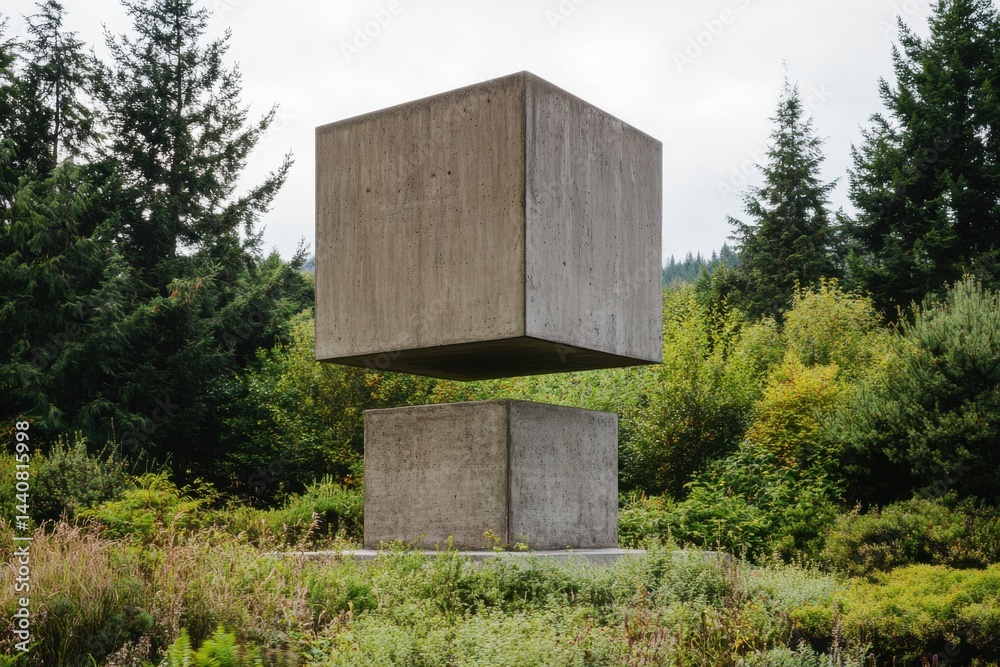 Poster abstract concrete art installation in a green landscape, with a levitating cube hovering over anothe