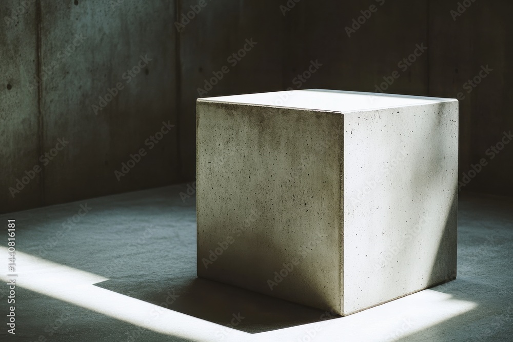 Poster monochrome still life showcasing a concrete cube in a simple interior with a spotlight shining on it