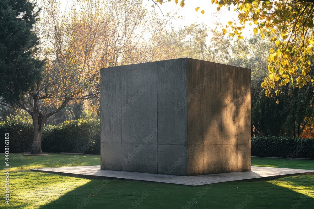 Poster geometric outdoor sculpture on a platform in the park setting bathed in sunlight. an imposing struct