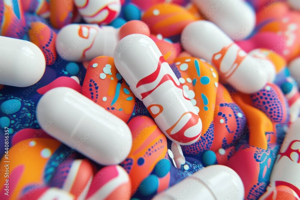 Poster close-up abstract of white capsules with colorful designs and orange shapes surrounded by blue spher