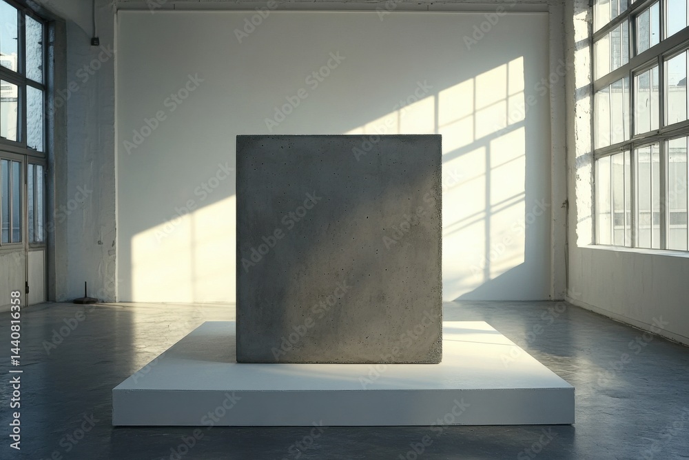 Poster Concrete monolith on a platform in an empty hall illuminated by sunlight. Simplicity and form exploration, minimalist modern art.
