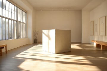 Obraz premium Minimalist art installation featuring a white cube in a brightly lit gallery space, emphasizing light and shadow patterns on a wooden floor.