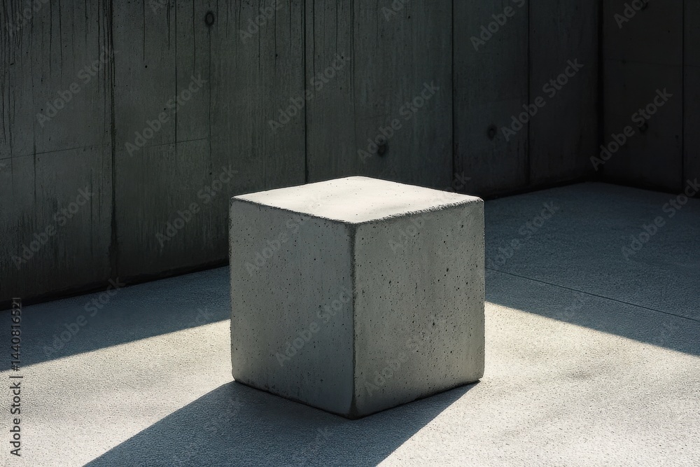 Poster Minimalist image of a solitary concrete cube bathed in natural light, casting sharp shadows in a stark, geometric architectural space.