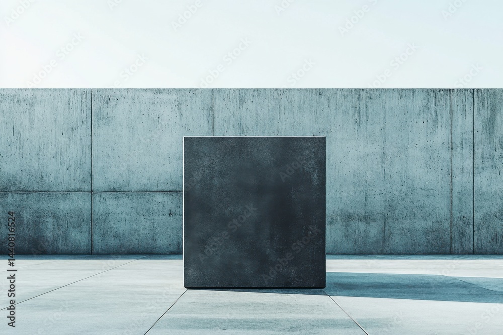 Poster minimalist concrete cube stands on a textured floor against a matching wall under a bright sky, exud