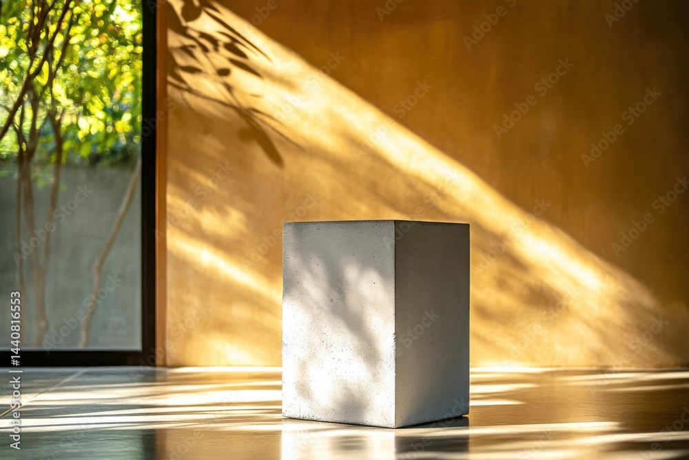 Poster concrete cube basks in sunlight, shadows dancing on walls & floor. a window frames lush greenery, bl