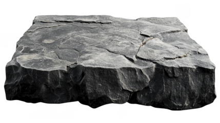 Isolated gray stone platform with textured surface showing cracks and edges, for object placement on a transparent background, PNG image, PNG file.