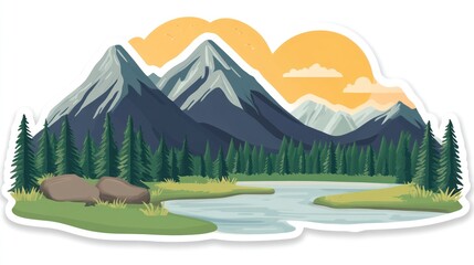 Mountain landscape river forest sunrise sticker