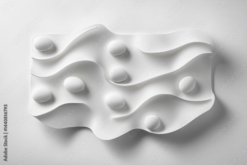 Poster white abstract art piece with layered wavy surfaces and spherical shapes creates a minimalist and mo