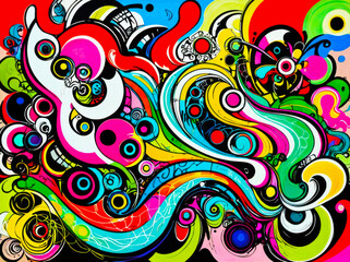 Fototapeta premium Psychedelic urban graffiti artwork with bright colors, distorted shapes, bold outlines, and fluid forms. Surreal and playful, perfect for posters, album covers, web visuals, or digital art projects.