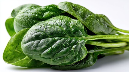 Obraz premium a close-up of a fresh bunch of spinach leaves on a white isolated background, healthy and green design