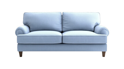 Elegant loveseat with light blue fabric, featuring comfortable cushions and wooden legs for a modern interior design element on a transparent background, PNG image, PNG file.