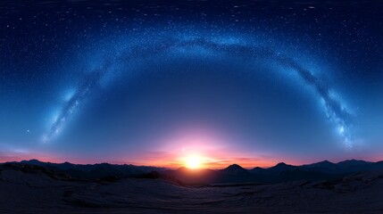 Celestial Sunset Over Mountains - A breathtaking panorama of a sunset over majestic mountains, the Milky Way arching across the night sky, symbolizing serenity, wonder, vastness, eternity, and hope