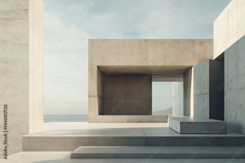 Poster Minimalist design of modern concrete architecture with geometric forms, open to the sky and sea, creating a tranquil, artistic space.