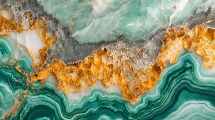 Close up shot of polished malachite stone with gold and grey inclusions and swirling green patterns