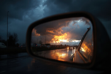 Fire burning brightly in the distance, casting a warm glow on the dark night sky.