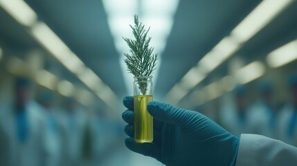A sprig of rosemary in a test tube, held by a gloved hand in a modern laboratory setting