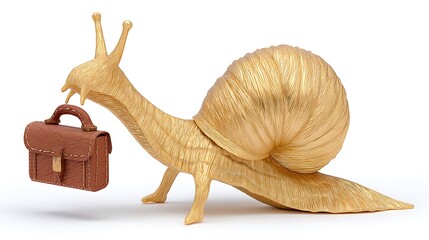 Fototapeta premium Golden snail with briefcase, symbolizing slow business or work ethic, isolated on white