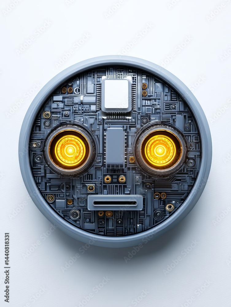 Poster circuit board face robot - a circular robot face design featuring circuit board details and glowing 