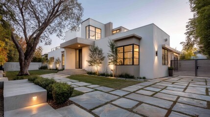 A beautifully designed modern home in Los Angeles boasts sleek lines and large windows. Lush landscaping surrounds the property, enhancing its tranquil evening ambiance