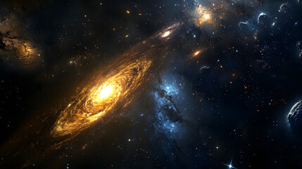A deep-space panorama showcasing multiple galaxies and glowing star clusters.