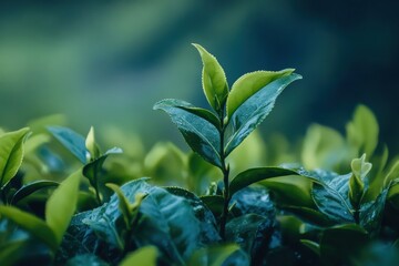 Lush green tea leaves glisten with moisture, bathed in soft light, embodying freshness and growth, capturing nature's rejuvenating essence.