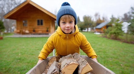 A young child in a yellow jacket and blue hat is pulling a wheelbarrow full of firewood across the green lawn, with a wooden house