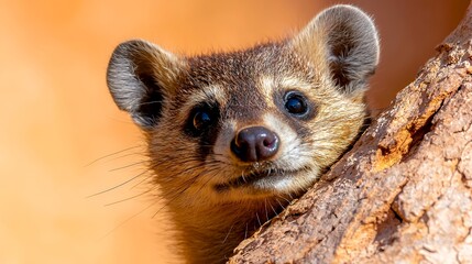 Curious Animal Peeking From Behind Tree Branch with Focused Eyes