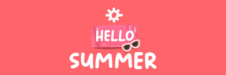 Hello summer pink groovy sticker and banner design with sunglasses isolated on pink. Hello summer motto sticker, tag, retro label, banner, ribbon, label png with quote. Summertime design template