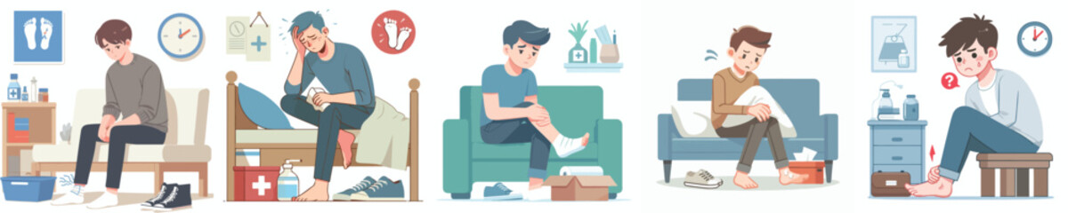 
flat design vector collection of a young man is having ankle joint pain