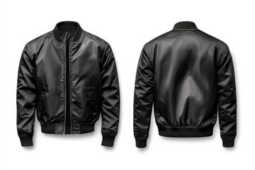 Sleek black bomber jacket, showcasing both the front with its full zipper and the clean lines of the back, against a pristine white backdrop.