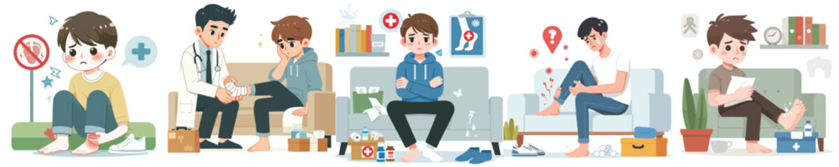 
flat design vector collection of a young man is having ankle joint pain
