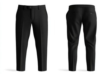 Formal black trousers presented in a sleek, front and back view on a plain white background, showcasing its elegant design.