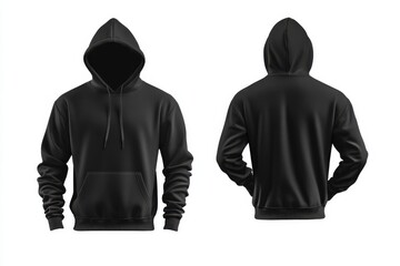 Front and back views of a black hoodie with a hood, drawstrings, long sleeves, and a front pocket on a white background.
