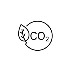 Eco-Friendly CO2 Reduction: A minimalist line art icon depicting a green leaf alongside the chemical symbol CO2 inside a circle.
