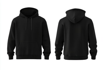 A black hoodie displayed in front and back views, showcasing its design and features, perfect for showcasing garment design and style.