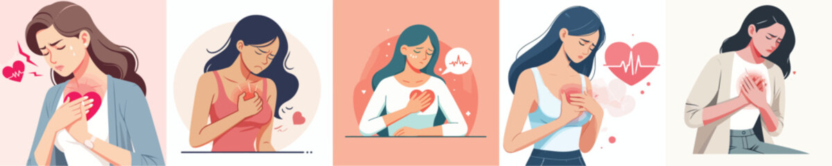 
flat vector collection of designs of a girl having chest pain