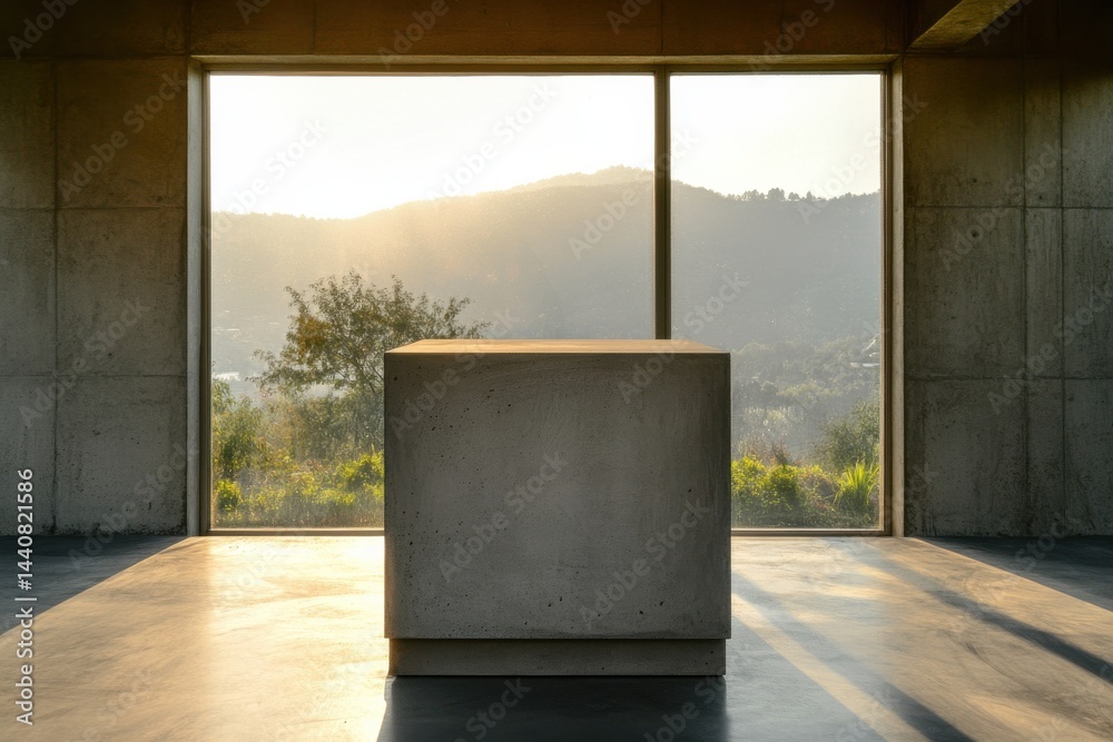 Poster minimalist interior space featuring a concrete cube against a backdrop of a scenic mountain view thr