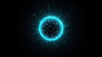 Atom-like structure with a blue glowing center against a dark background.